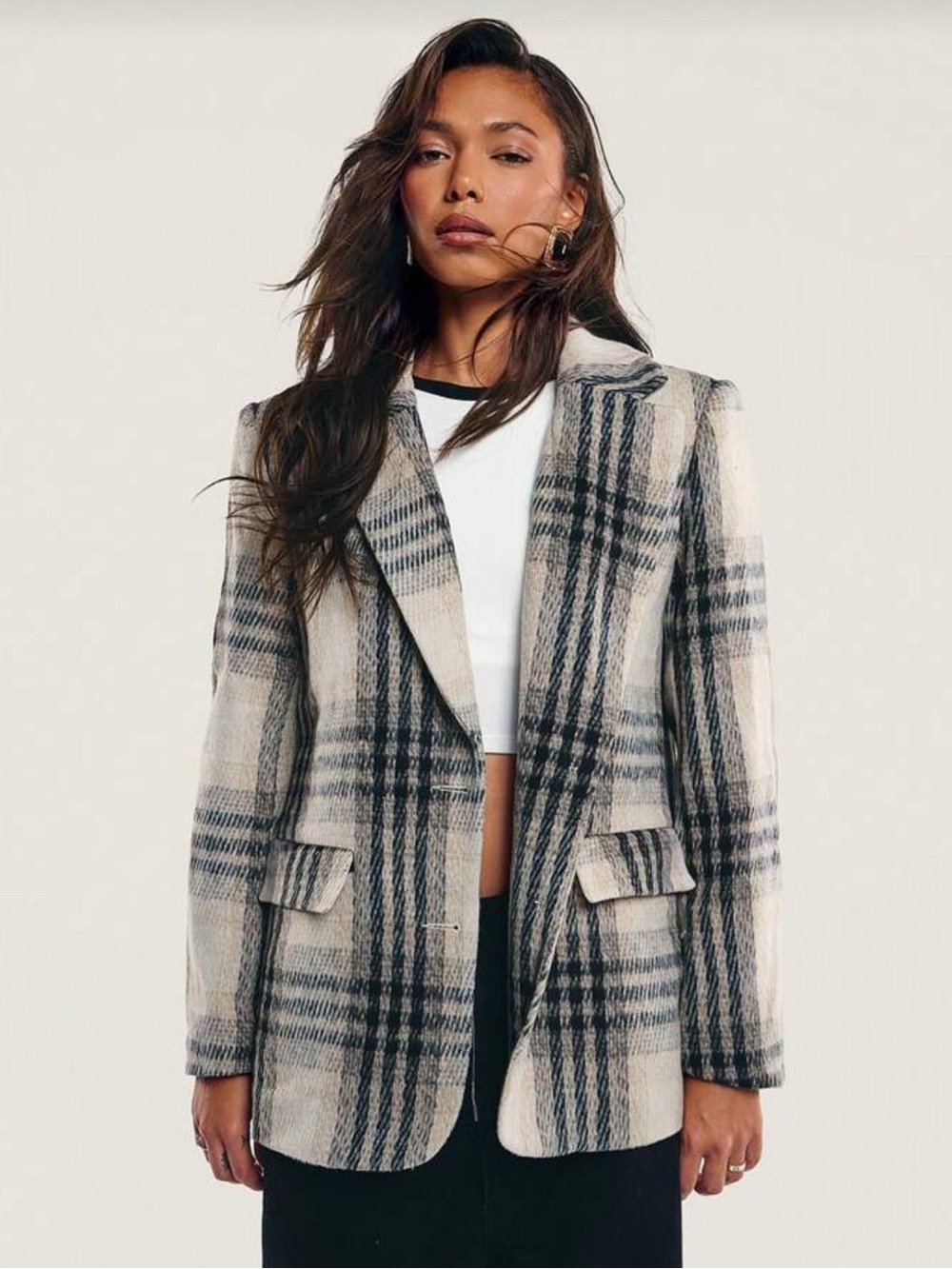 Woven Plaid Blazer Jacket - Cream & Black